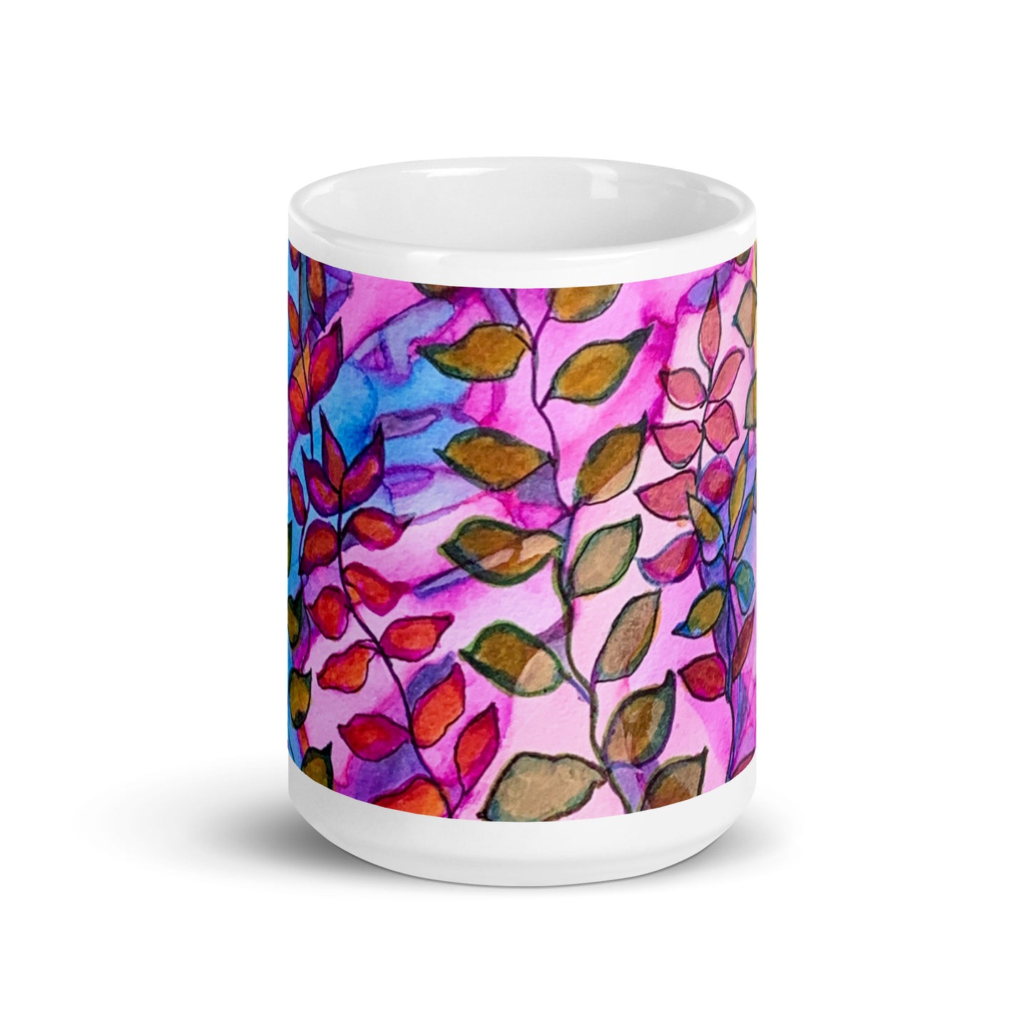 Leaves Pink White glossy mug