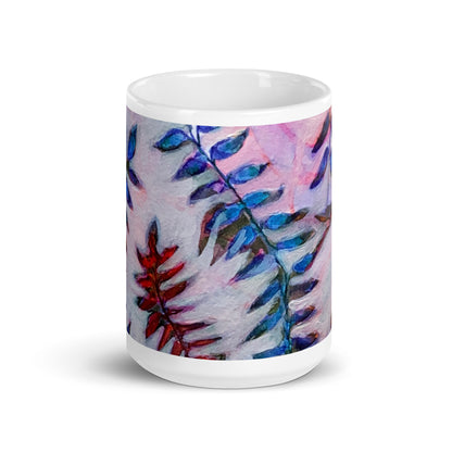 Blue Leaves Abstract White glossy mug