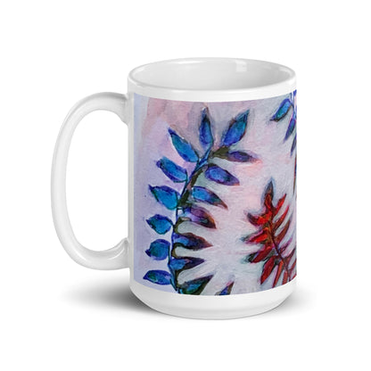 Blue Leaves Abstract White glossy mug