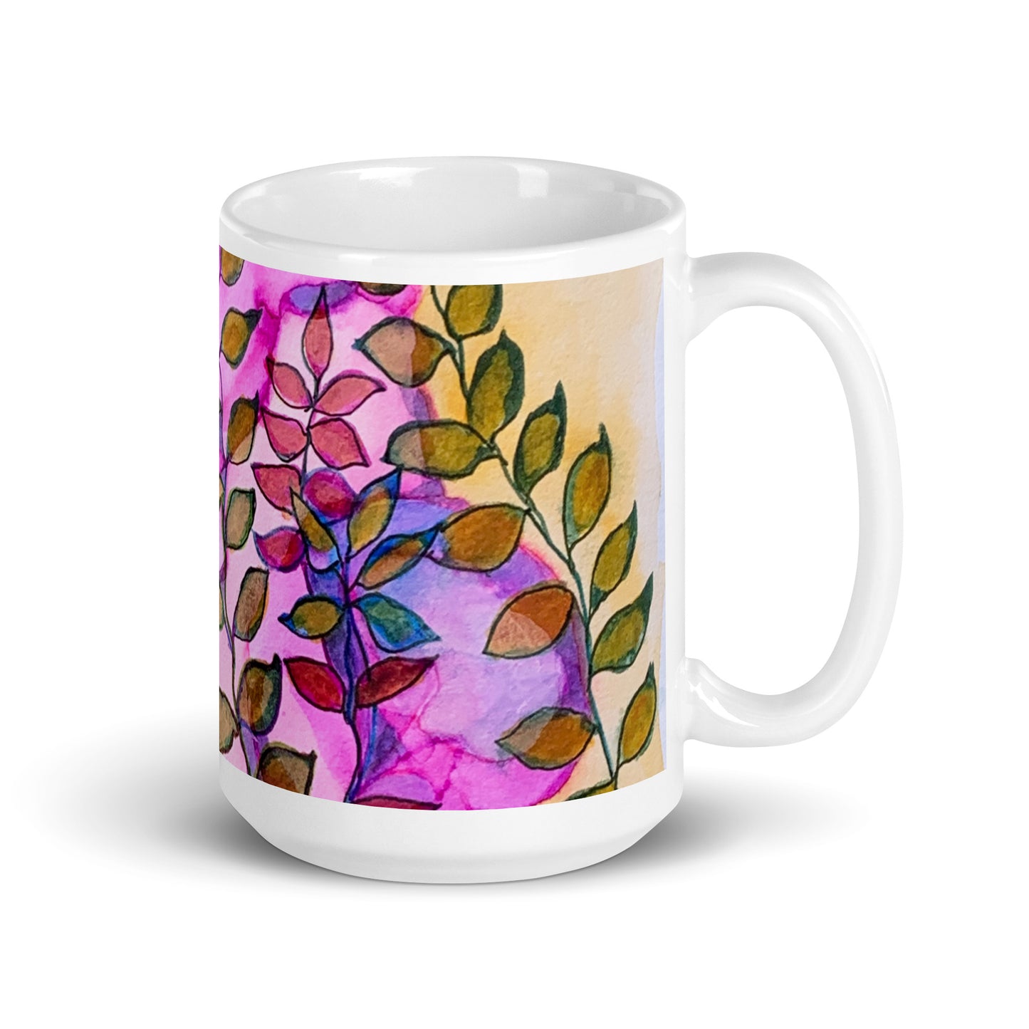 Leaves Pink White glossy mug