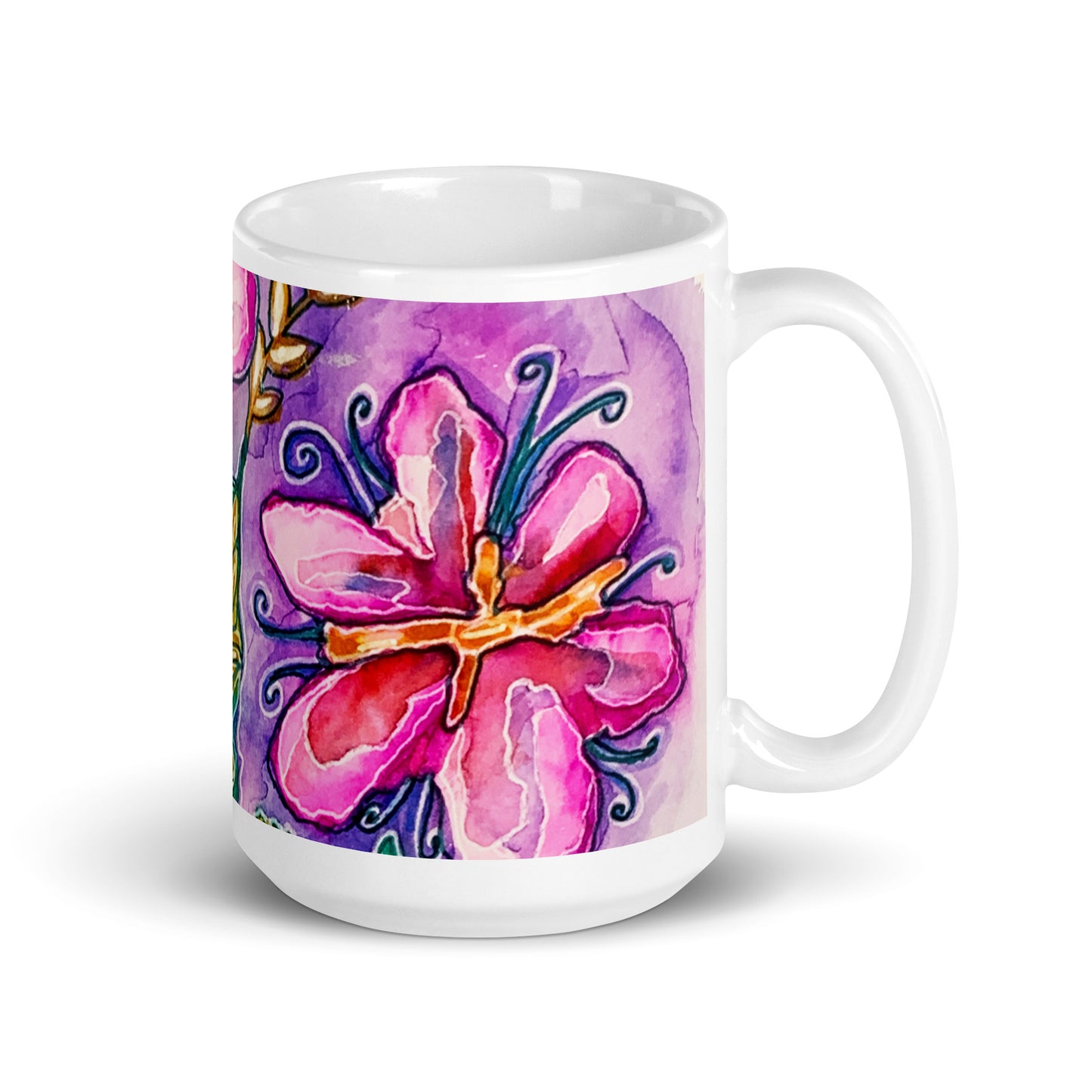 Pink Flowers Abstract White glossy mug